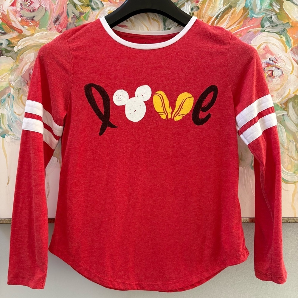 Disney Store Red Long Sleeve Love Mickey Mouse Graphic Tee Shirt Size M